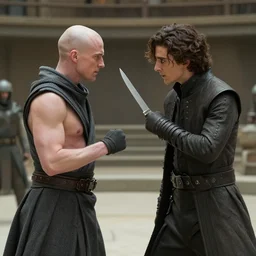 choreographed_knife_fight  between bald_hairless_Austin_Butler and Timothee_Chalamet_as_Paul_Atreides, in an arena pit, film still from movie Dune-2021, detailed faces