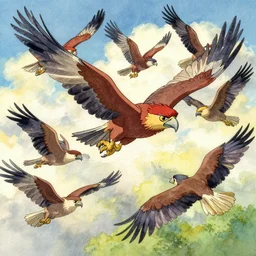 very detailed, ilya kuvshinov, mcbess, rutkowski, watercolor pixar quilt ghibli illustration of hawks in flight, colorful, deep shadows, astrophotography, highly detailed, wide shot