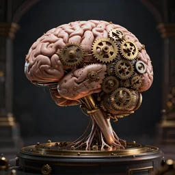 ultrarealistic steam punk neural network machine in the shape of a brain, placed on a pedestal, covered with neurons made of gears. dramatic lighting