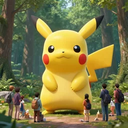 photo of a group of people worshipping a giant pikachu in a forest