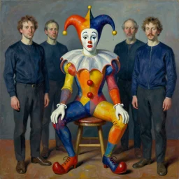 portrait of an harlequin sitting on a stool, by vincent lefevre and hernan bas and pat steir and hilma af klint, psychological, photorealistic, symmetrical face, dripping paint, washy brush, rendered in octane, altermodern, masterpiece