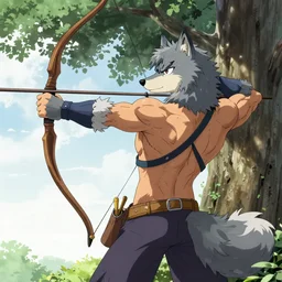 muscular wolf archer aiming for a tree, fursona, anthro, male, detailed fur, detailed clothing, painting, makoto shinkai