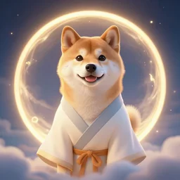 a portrait of a shiba inu wearing a robe in heaven, circular, glowing, circle, unreal engine, octane render, artstation, digital art.