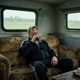 full distant shot of sad bald poor dirty elon musk in a tracksuit drinking a can of beer in the couch while watching tv in a dirty trailer, very realistic photograph, cinematic lighting, wes anderson