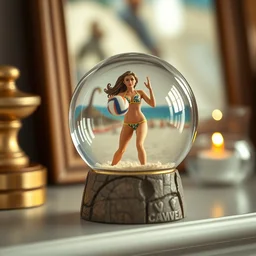 snow globe on mantel has a trapped female beach volleyball player in bikini holding ball inside, depth of field
