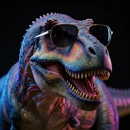 still of a photorealistic concept art of a close up of a real T-Rex wearing sunglasses, black background, HD, neon lit, highly detailed, no text