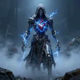 character design, biomechanical arcanist, tattered hood, medical heart, blue lightning, blue mist, fog, scary, photorealistic, cinematic, hyper realistic, octane render, 8 k, wide angle