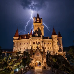 dracula castle transylvania waterpark, night, lightning