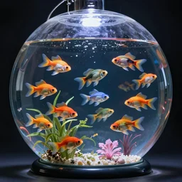 An transparent spherical aquarium containing many fantasy fish, high detail, complex, 8k