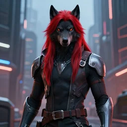 portrait of a anthropomorphic black male wolf with red long red hair wearing futuristic clothes in a futuristic city, hyper detailed, digital art, trending in artstation, cinematic lighting, studio quality, smooth render, unreal engine 5 rendered, octane rendered, art style by pixar dreamworks warner bros disney riot games and overwatch.