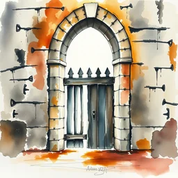 small centered on watercolor paper, paint brush strokes, abstract watercolor painting of medieval fortress entrance, giant iron door, copper nails, cinematic light, national romanticism by hans dahl, by jesper ejsing, by anders zorn, by greg rutkowski, by greg manchess, by tyler edlin