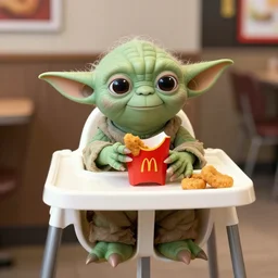 yoda sitting in a high chair at a table at mcdonald's, chicken mcnuggets in a cardboard container, 3 5 mm, f / 2. 8
