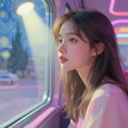 close up portrait of a beautiful girl staring out of a window, futuristic diner, neon clothes, pastel colors, beautiful face, rule of thirds, spotlight, drips of paint, expressive, passionate, by mandy jurgens, by vincent van gogh, digital painting