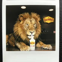 a Polaroid picture of a cowardly lion sniffing glue in the middle of a Denny\'s