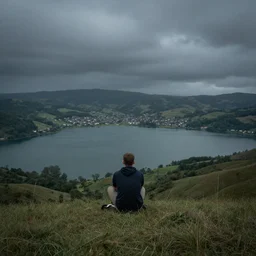 man sitting on hill infront of a lake with a village in the distance, dark gloomy weather, by terraform studios, by chris campbell ( skeeziks ), by jan urschel