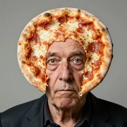 studio portrait of old man with a head shaped like a pizza, looking like a face sticking through a pizza margherita, shocking revelation, unsettling, extremely detailed, soft lighting, sharp close - up, droopy eyes, exhibition, masterpiece by morten krogvold