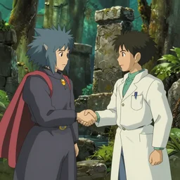 hyperrealist interior shot from howls moving castle ( 2 0 0 4 ) of a grey monk shaking hands with a scientist. flooded stonehenge jungle. cartoon depth of field.