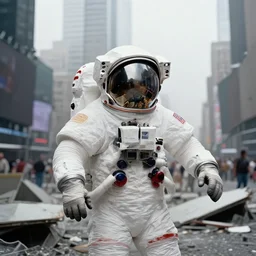 american white spacesuit astronaut with oversized helmet in postapocalyptic abandoned destroyed times square, telephoto, bokeh, overcast, foggy, by steve mccurry, by nasa