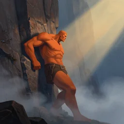 editorial illustration by karolis strautniekas and mads berg, fantasy giant leaning on a wall, low hanging fog, stone cliff, fine texture, detailed, ( ( dark orange, blue, brown ) ), muted colors, dramatic lighting, dynamic composition, vivid, matte print, wide angle, ( ( sunbeams ) ), moody