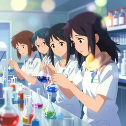 anime girls mixing chemicals in a lab. pixiv, by makoto shinkai, fantastic, bokeh, animated, vivid colors