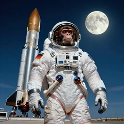 hdr wide angle photography an ape wearing a spacesuit!, in front of spacex rocket, full moon in the sky. cinematic, coherent portrait, intricate, elegant, highly detailed, digital photo, trending on artstation, hdr photo, smooth, sharp focus, illustration, art by artgerm and greg rutkowski and alphonse mucha