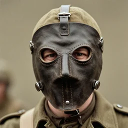 person wearing leather mask, ww1 photo, grainy, high detail, high resolution, tehnicolor