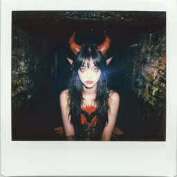 strange and evil daemon - girl in a japanese sewer, 1 9 8 0 polaroid photography with flash light, photorealistic, flash light, dramatic light, volumetric light, mist