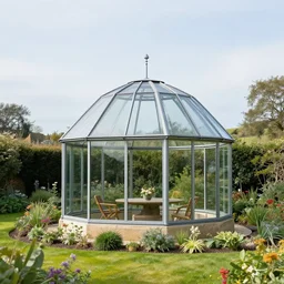 a quaint cottage made from glass, surrounded by a beautiful English garden, set in the English countryside, landscape architecture photo