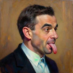 mr bean's tongue profile shot, hyperrealistic, subject in center of frame, neonpunk, oil on wood portrait by kim jung gi and rembrandt and leonardo da vinci and jan van eyck, artstation, deviantart, rule of thirds