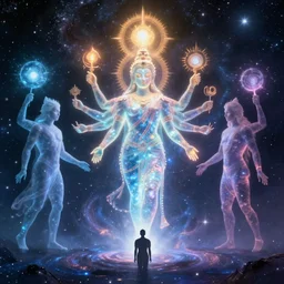 the glowing human forms of pancha bhutas wielding their respective elements against a starry galaxy, with a small human silhouette prostrating in front of them
