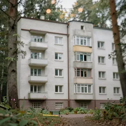 beautiful national geographic shot of cute soviet block of flats hrushevka in end of forest by ivan shishkin,f 1,8, cinestill, bokeh