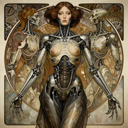 a female model by stefan geselle and nekro borja, illustration, biomechanical, intricate details, hyper realistic, mechanical, dark beauty, photorealistic, by alphonse mucha, canon r 3, photography, wide shot, photography, dark beauty, symmetrical features