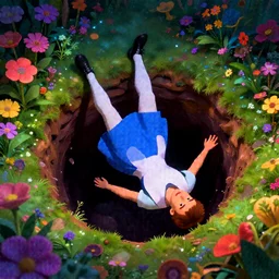 a wholesome illustration of a man falling down a hole into the abyss, trippy, alice in wonderland, psychedelic, studio Ghibli, Pixar and Disney animation, sharp, Rendered in Redshift and Unreal Engine 5 by Greg Rutkowski, Bloom, dramatic lighting