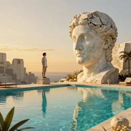 Goro Fujita, minimalistic, hyperrealistic surrealism, award winning masterpiece with incredible details, epic stunning, infinity pool, a surreal vaporwave liminal space, highly detailed, trending on ArtStation, artgerm and greg rutkowski and alphonse mucha, daily deviation, IAMAG, broken giant marble head statue ruins, golden hour