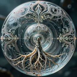 close up circular border with abstract symmetrical designs deep soap bubble, concept art, nature, fractals, depth of field, roots, fluid simulation in houdini, subsurface scattering, volumetric, very detailed, trending on artstation, rendered in octane, cgsociety