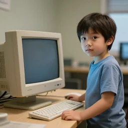 kid looking at you standing next to an old computer monitor, trending on artstation