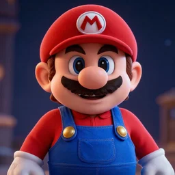 Mario looking at the camera dramatically with cinematic lighting, 4k
