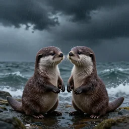 family of adorable otters falling in love holding hands side by side, all alone in the middle of a scary storm at sea, fantasy illustration, cinematic, award winning, romantic, detailed trending on artstation, masterpiece