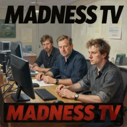 madness tv workers, stream, photorealistic painting, hyperrealistic painting, figurative art, poster art, by igor morski and mike winkelmann