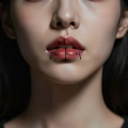 hight focus of a symmetrical portrait of a beautiful lady with the lips that are sewn with black thread, dramatic light, cinematic, artstation, poster, octane render 8 k s 1