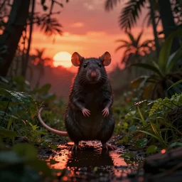 the ratman hero, surrounded by lush green vegetation, ground - level view, puddles of water, stunning volumetric lighting, sunset, trending on artstation, 8 k, photorealistic, hyper detailed, unreal engine 5, cinematic, epic lighting, cryengine, octane render, cyberpunk, red and orange glow, dark, gloomy