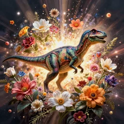 dinosaurs in an explosion of flowers by James r. Knight, high detail, floral, ultra realistic