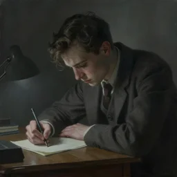 a depressive painting of jeremy mann, a close up view of a young man writing on a small desk, 1 9 4 0 s fashion, dramatic dim light, dark background, dreamy, misty, desaturated, ominous, depressing, unsettling, creepy
