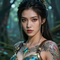 a tattooed beautiful female warrior wearing a magical leotard in a magical forest, hyper realistic face, beautiful eyes, close up, fantasy art, in the style of greg rutkowski, illustration, epic, fantasy, intricate, hyper detailed, artstation, concept art, smooth, sharp focus, vibrant