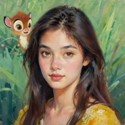 a vivid painting of a woman that looks like bambi in the style of noriyoshi ohrai, trending on artstation, highly detailed, ultrarealistic, digital art