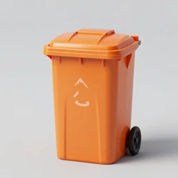 full view, from a distance, of an orange anthropomorphic trash bin from taipei, full of trash, style of yoshii chie and hikari shimoda and martine johanna, highly detailed