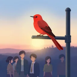 a rufous nightingale sitting on a lamp post at dawn, lit from beneath, manga, clean cel shaded vector art. shutterstock. behance hd by lois van baarle, artgerm, helen huang, by makoto shinkai and ilya kuvshinov, rossdraws, illustration,