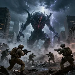An Eldritch monstrosity battling a modern military force in the ruins of New York during a thunderstorm. highly detailed, trending on artstation, gritty, cinematic lighting, 8k, wallpaper
