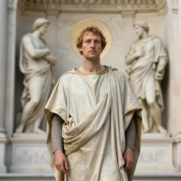 gabe newell in a tunic and with a halo over his head stands in front of the gates of paradise, soft light, realism, maximum detail, high quality, good style study, depth of field, focus, classicism painting