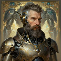 portrait of a bearded man, robot steampunk, mechanical! retrofuturist! computer screens horizon zero dawn machine, intricate, elegant, highly detailed, ray tracing, digital painting, artstation, concept art, smooth, sharp focus, illustration, art by artgerm and greg rutkowski and alphonse mucha, 8 k